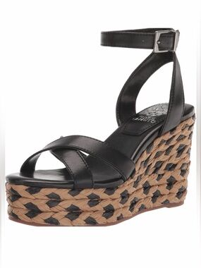 VINCE CAMUTO Fettana Wedge Sandals 9.5 Black Leather Espadrille Ankle Strap NEW